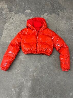 Orange Cropped Puffer Jacket with Hood